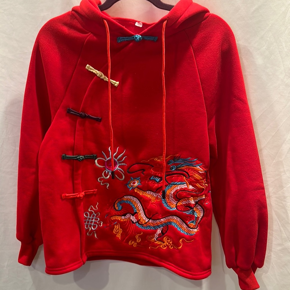 Red Embroidered Dragon Hoodie Sweatshirt